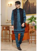 Art Silk Blue Wedding Wear Thread Work Readymade Indo Western Sherwani